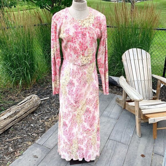 Vintage Dresses & Skirts - Vintage Emblem Sheer Floral Chiffon Maxi Slip Dress Cropped Cardigan Sweater Set